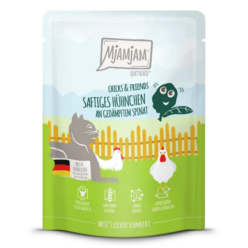 MJAMJAM Pouchbeutel Chicks & Friends Hühnchen mit Spinat 300 g Abverkauf